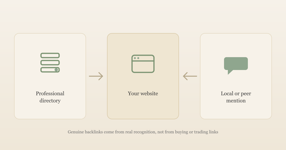 Illustration of a professional directory and a local or peer mention both linking back to a therapist's website