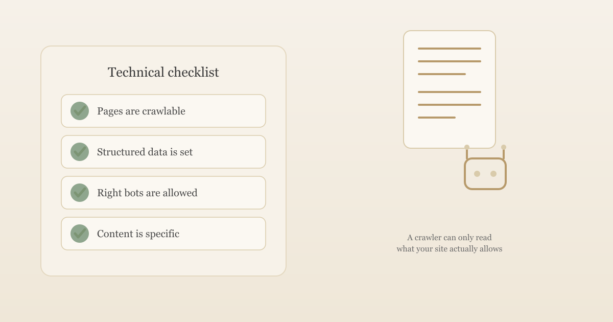 Illustration of a technical checklist beside a small crawler bot reading a page, representing what a website needs to be genuinely AI-search ready