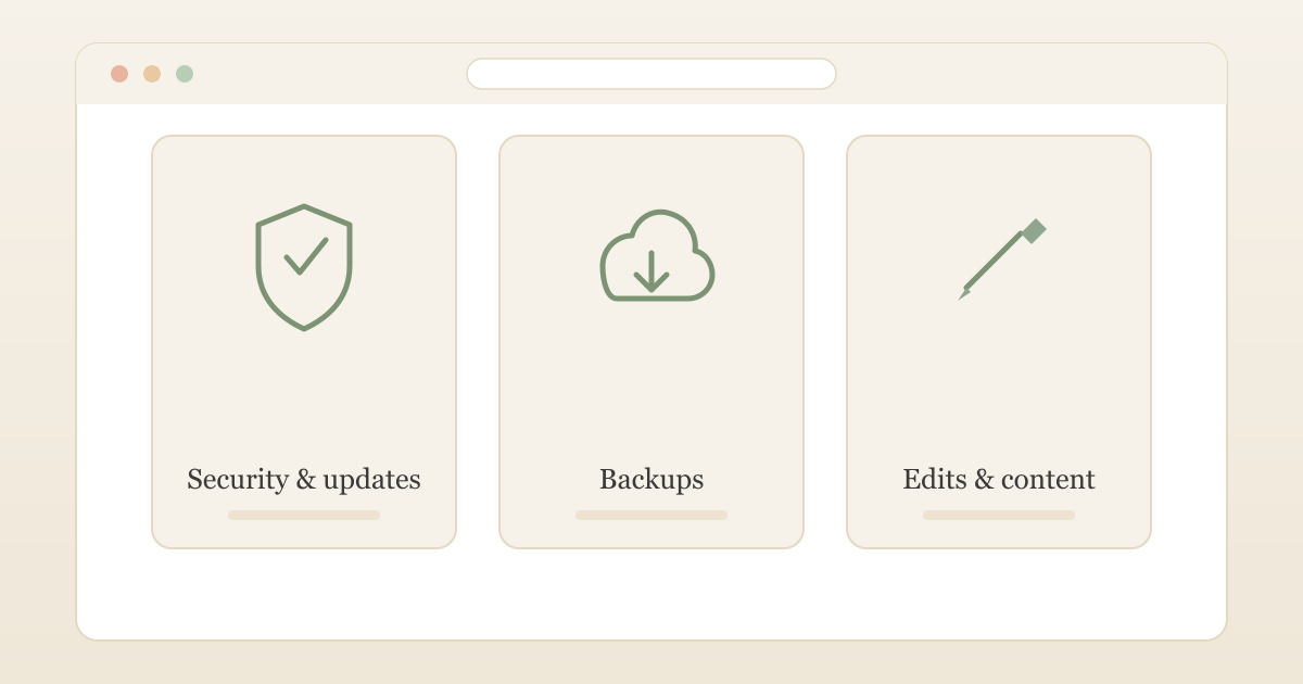 Illustration of a browser window with three cards: security and updates, backups, and edits and content