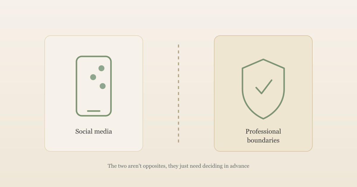 Illustration of a phone showing social media notifications beside a shield representing professional boundaries