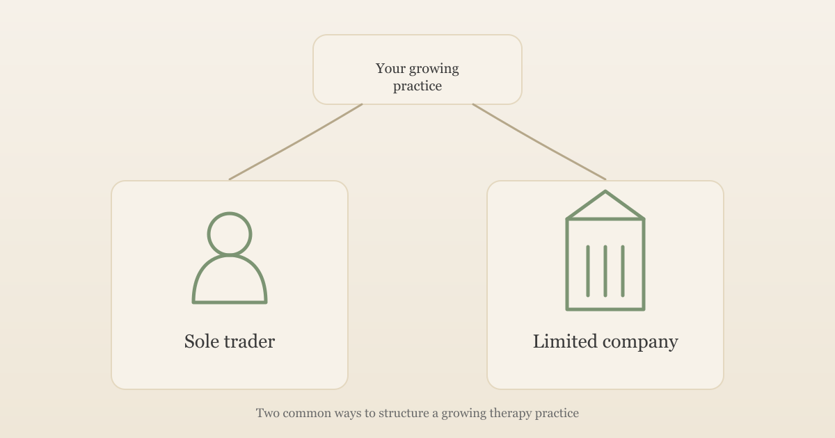 Illustration of a growing therapy practice branching into two paths: sole trader and limited company