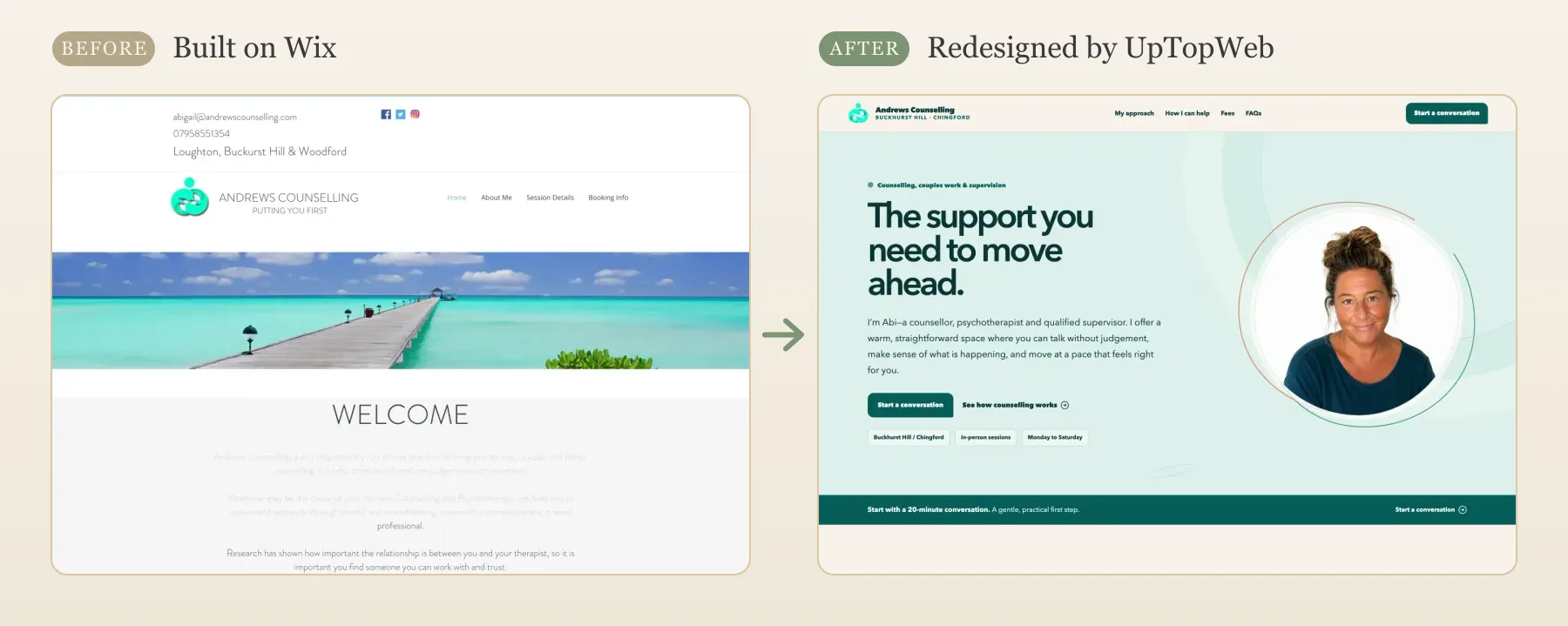 Before: Andrews Counselling's Wix homepage opens with an email address, phone number and social icons, then a stock photo of a pier over turquoise water and a 'Welcome' heading above faint grey text. After: a portrait of counsellor Abi beside the headline 'The support you need to move ahead', a line saying she's a counsellor, psychotherapist and qualified supervisor, a 'Start a conversation' button, and tags for location, in-person sessions and working days.