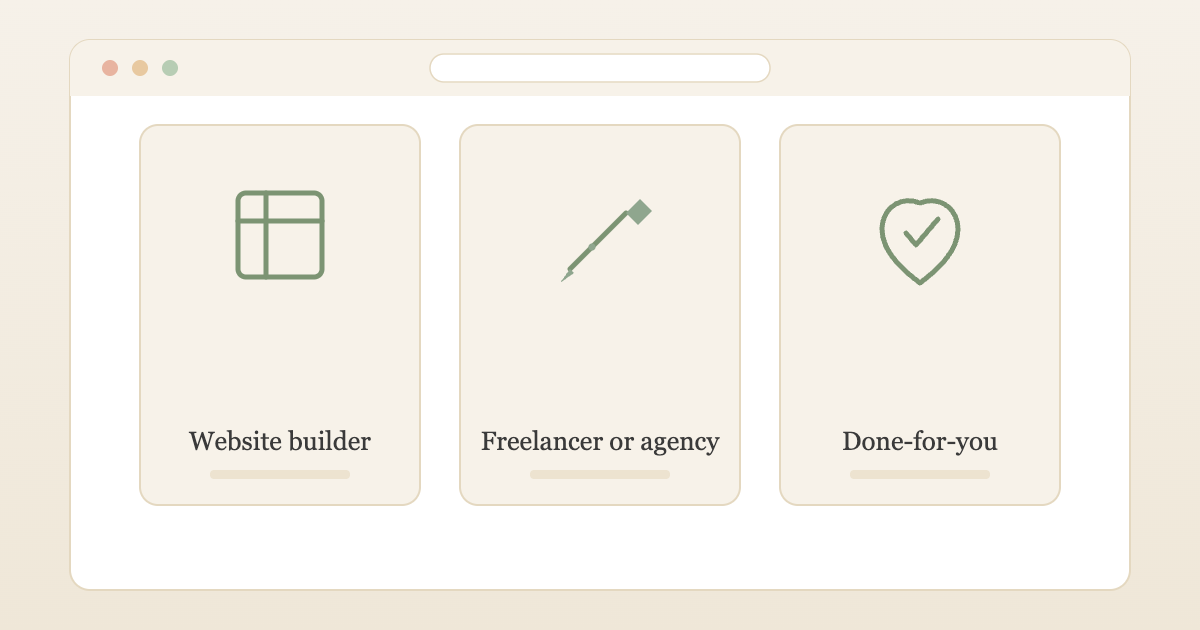 Illustration of three routes to a therapist website: a website builder, a freelancer or agency, and a done-for-you service