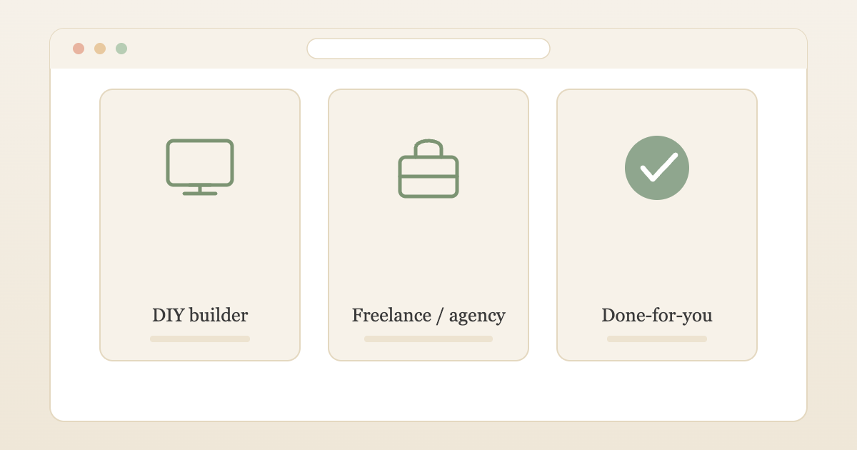 Illustration of three website routes: DIY builder, freelance or agency, and done-for-you