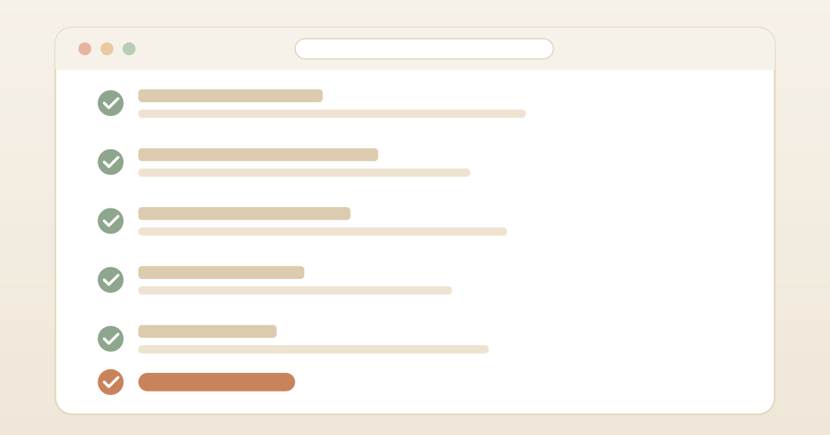 Illustration of a browser window showing a checklist of essential therapist website sections