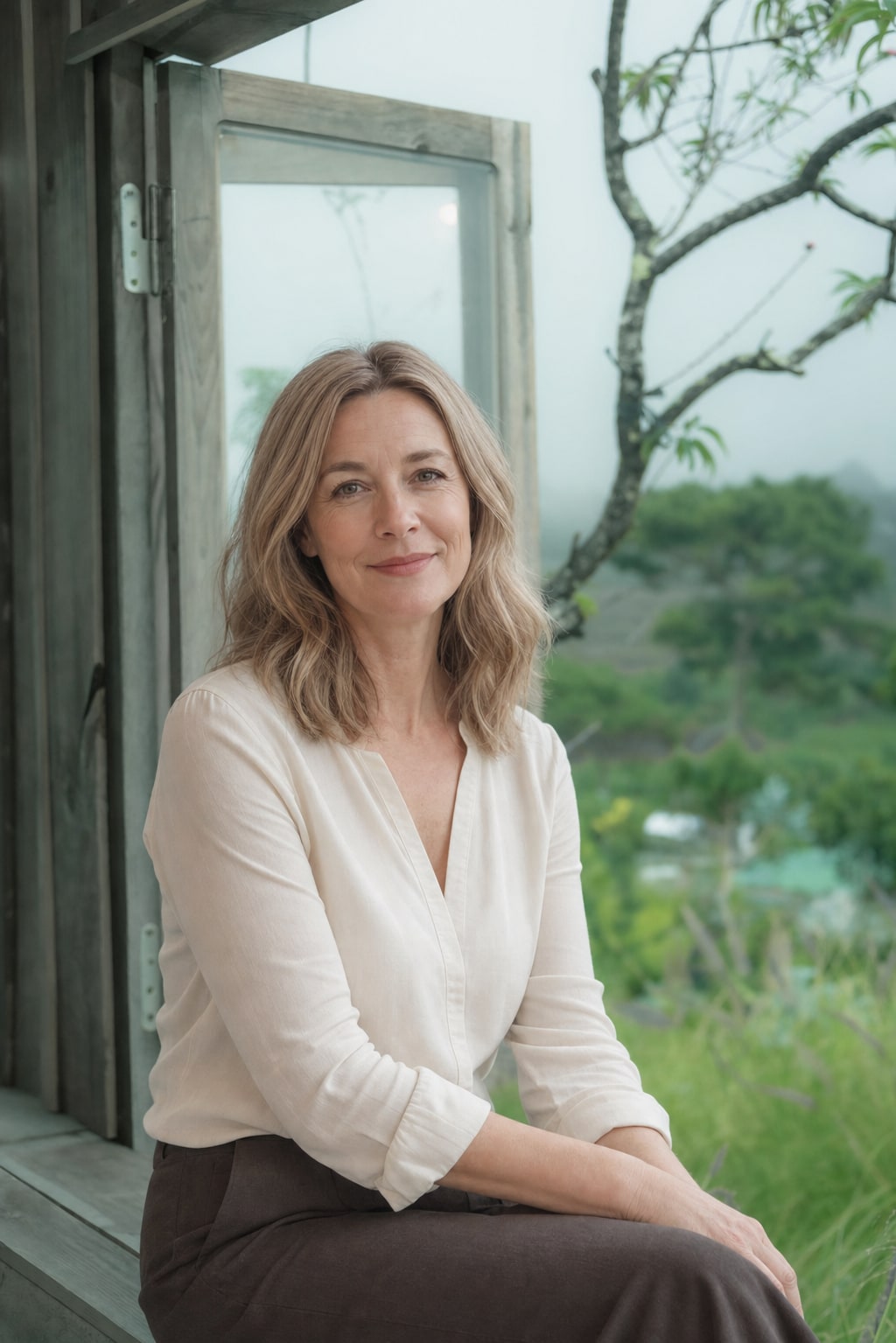 Demo portrait placeholder: a middle-aged woman seated beside an open window overlooking greenery.