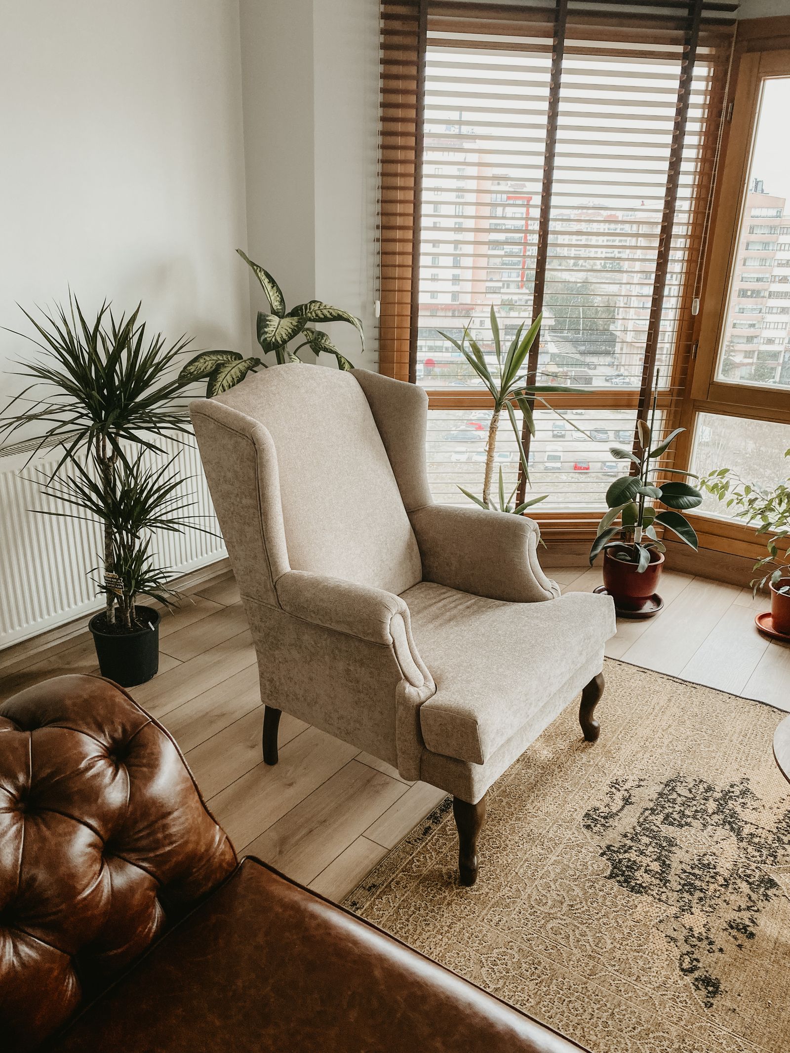 A light-filled room with a beige armchair and indoor plants.