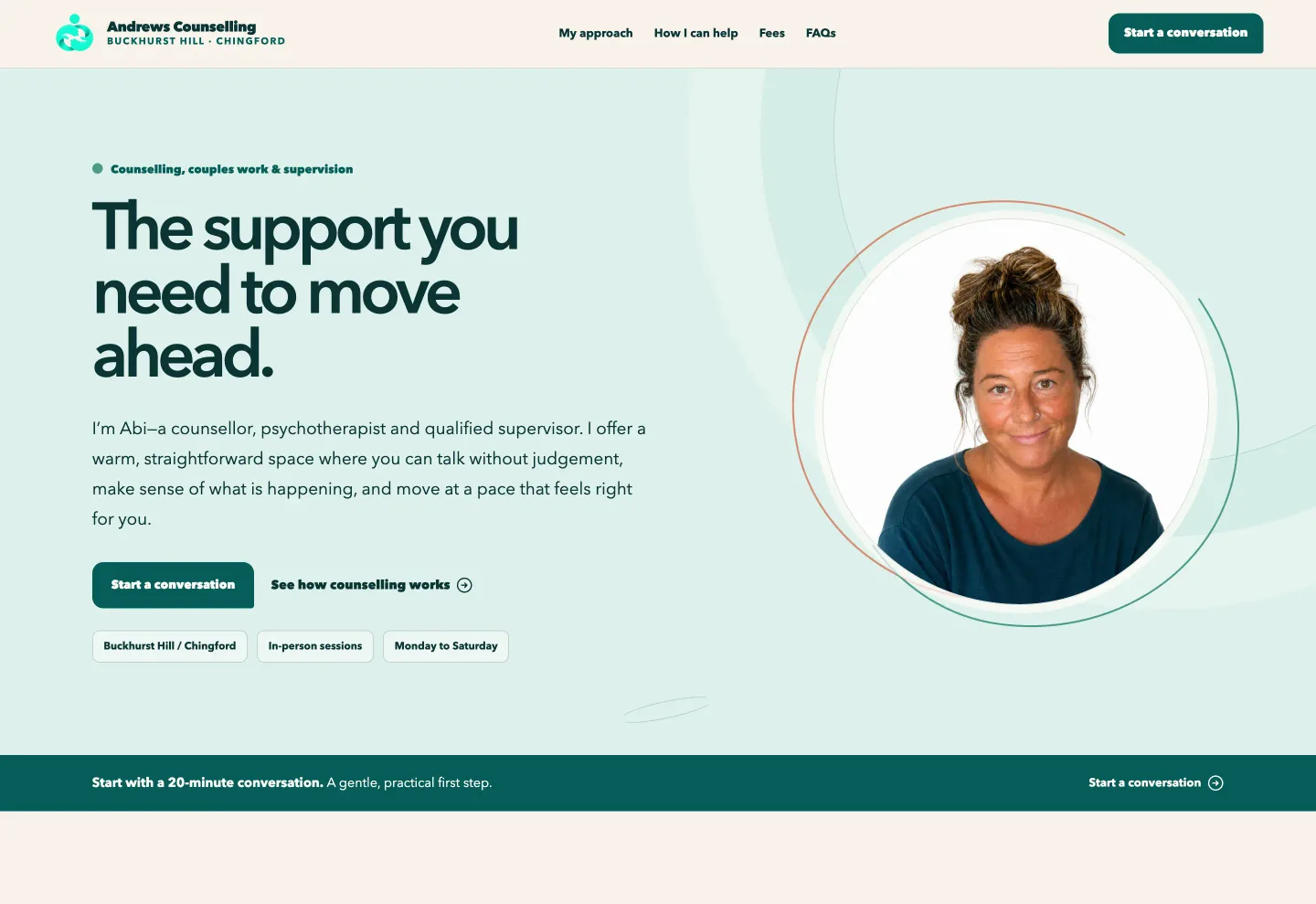 Andrews Counselling after an UpTopWeb redesign: a real portrait of counsellor Abi, a clear headline, location, format and availability shown immediately, and a sticky call-to-action bar.