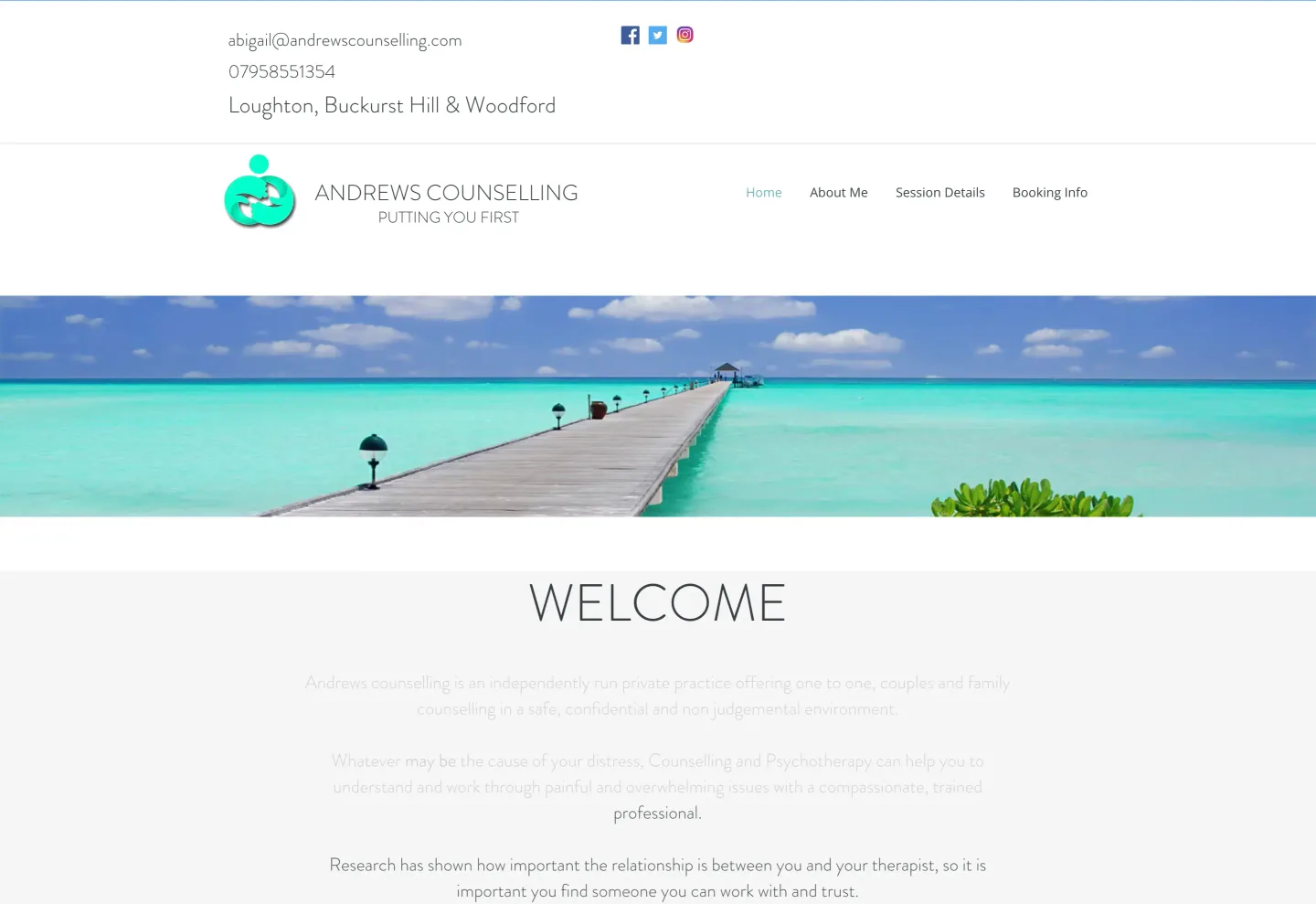 Andrews Counselling's previous Wix website: a generic stock photo of a pier over turquoise water, with no photo of the counsellor.