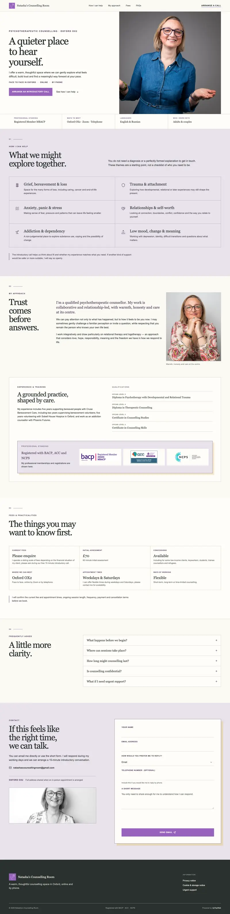 The full homepage of Natasha's Counselling Room, a website built by UpTopWeb, shown in a desktop browser